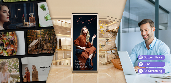 The image shows a user remotely setting up an advertising campaign for LED signage installed inside a department store using LG DOOH Ads. Through LG DOOH Ads, users can easily configure various campaign conditions such as ad pricing, SOV (Share of Voice), and ad screening.