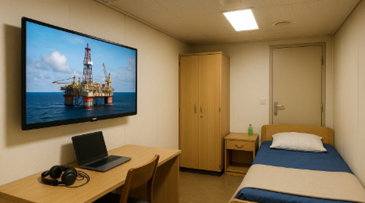 LG Pro:Centric smart TV installed in offshore crew quarters, providing IPTV entertainment, corporate messaging and emergency alert capabilities.