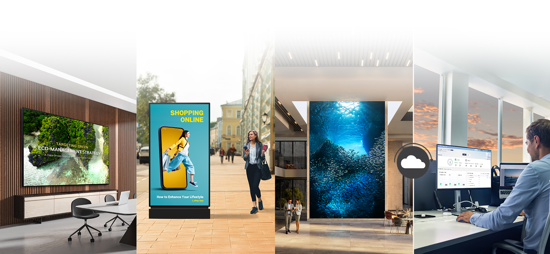 This is an example image featuring an administrator monitoring and managing indoor and outdoor digital signage using the LG ConnectedCare solution.