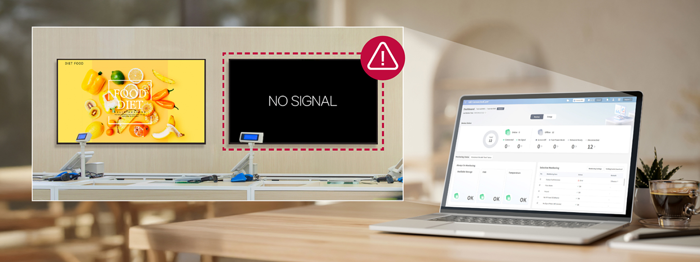 The LG ConnectedCare solution’s dashboard screen is displayed on a monitor placed on a desk.
