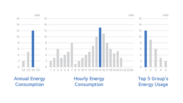 An example image showcases a workspace’s energy consumption on an annual and hourly basis, highlighting the top five groups in a graph.