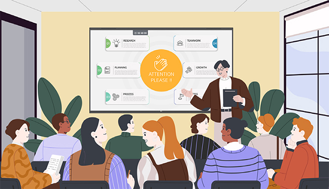 A presenter using the Gesture Function to focus audience attention in an illustrated scene.